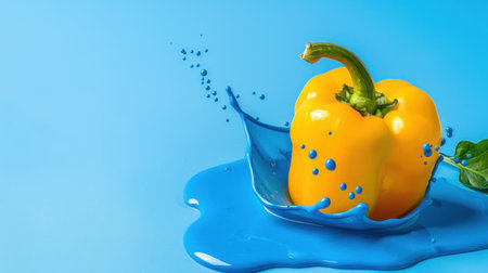 A vibrant yellow bell pepper creates a dynamic splash in blue liquid, set against a bright background. Ideal for food and health themes.の素材