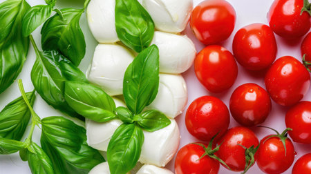 This vibrant composition features fresh basil leaves, juicy cherry tomatoes, and creamy mozzarella, perfect for healthy cooking or culinary inspiration.の素材