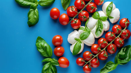 A vibrant arrangement of fresh basil leaves, juicy cherry tomatoes, and creamy mozzarella balls on a bright blue surface, perfect for culinary creations.の素材