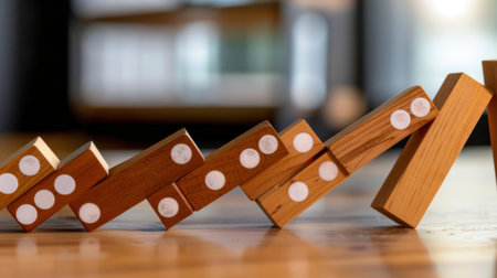 This image showcases a captivating arrangement of wooden dominoes set to create an intriguing chain reaction, emphasizing focus and strategy in play.の素材