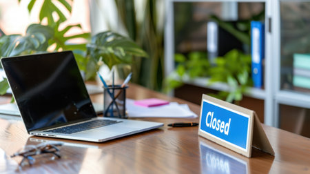 This image captures a modern office desk featuring a closed sign, a laptop, pens, and lush indoor plants. The scene conveys a bright and serene workspace atmosphere ideal for relaxation.の素材