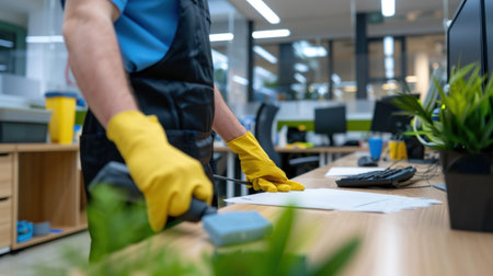 A dedicated cleaning service worker in yellow gloves meticulously dusts an office desk adorned with plants, showcasing an organized and professional workspace.の素材