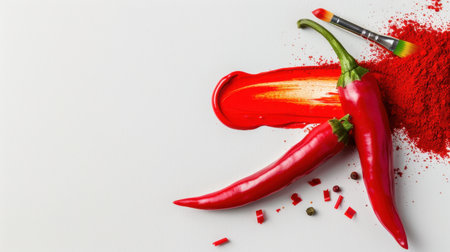 Bright red chili peppers are featured on a white background with a sprinkle of chili powder and a paintbrush, creating a dynamic culinary composition.の素材