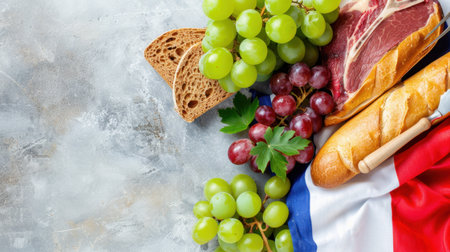A delightful arrangement of fresh grapes, a baguette, savory meat, and rustic bread against a muted background, highlighting French culinary traditions.の素材