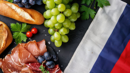 A vibrant spread featuring fresh meat, bread, grapes, and herbs artfully arranged with a French flag, showcasing culinary delights perfect for any gathering.の素材