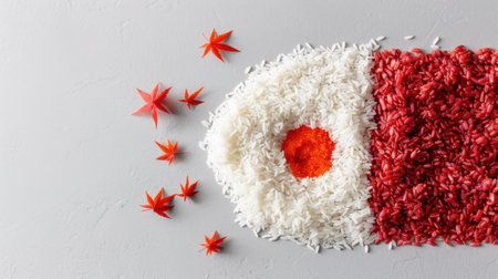 A visually striking arrangement of rice and spice creating the form of the Japanese flag, complemented by autumn leaves on a light background.の素材