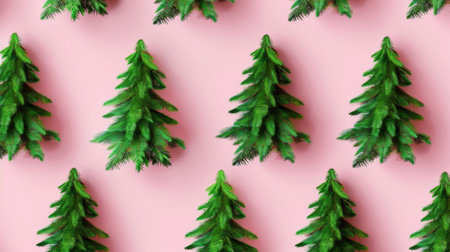 This image features a fun and vibrant seamless pattern of green trees arranged on a pink background, ideal for festive decor or modern design projects.の素材