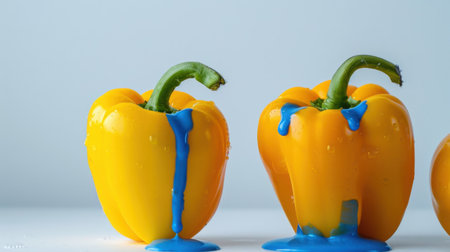 This captivating image features bright yellow bell peppers with dripping blue paint, creating a vibrant and artistic display against a light background.の素材