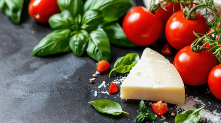 A vibrant arrangement of fresh tomatoes, aromatic basil, and a wedge of cheese showcases the essence of culinary creativity on a dark, textured surface.の素材