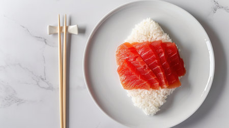 A beautifully arranged plate of sushi featuring thinly sliced raw fish atop a bed of fluffy white rice, complemented by elegant chopsticks.の素材