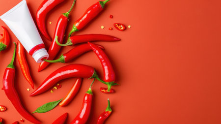 Vibrant arrangement of fresh red chili peppers alongside a cream tube set against a bright background, ideal for food photography and culinary designs.の素材