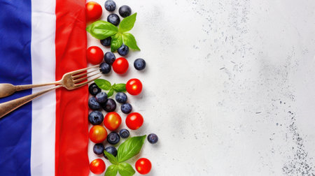 A visually striking arrangement of fresh blueberries, tomatoes, and basil on a background of red, white, and blue, enhanced by cutlery, perfect for culinary creativity.の素材