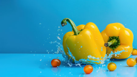 Bright and vibrant yellow bell peppers splashing in water with colorful cherry tomatoes create a fresh and healthy visual ideal for culinary themes.の素材