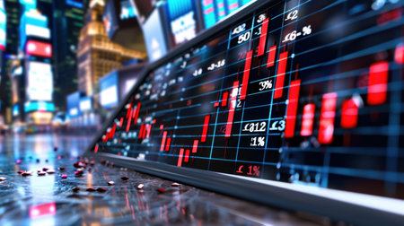 A dynamic representation of financial market trends using graphs and charts, captured in a bustling urban environment at night, emphasizing investment and analysis.の素材