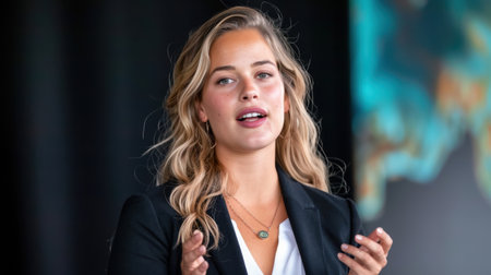 A young professional woman presents confidently in a business environment, showcasing her skills in communication and engagement. Her expression reflects enthusiasm and passion.の素材