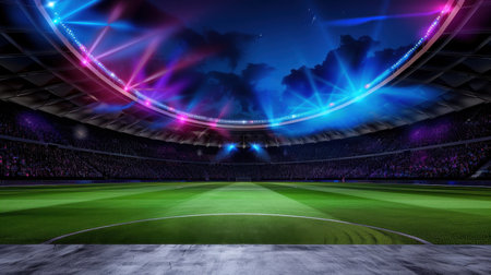 Captivating image of a modern soccer stadium showcasing a vibrant atmosphere with colorful lights illuminating the pitch, perfect for sports themes.の素材