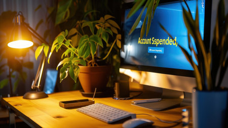 A well-lit desktop workspace featuring a computer with an account suspended message. Surrounding plants add a touch of nature, creating a relaxed and inviting atmosphere perfect for working or reflecting.の素材