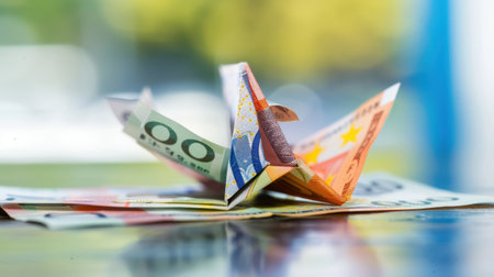 A visually striking arrangement of euro banknotes showcases vibrant colors and artistic folds against a softly blurred background, symbolizing finance.の素材
