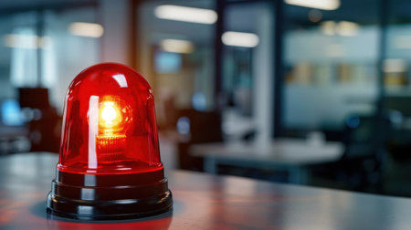 A vivid red emergency light is prominently featured in a modern office setting, providing a visual alert and emphasizing the importance of safety.の素材