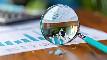 A clear magnifying glass reflects financial charts and statistics on a wooden desk, showcasing tools used for data analysis, research, and planning.の素材