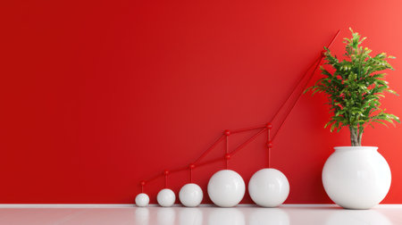 This modern composition features white spheres representing growth, a green plant symbolizing life, and a vibrant red backdrop, perfect for business themes.の素材