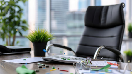A disorganized office workspace showcasing scattered stationery, unfinished paperwork, and a vacant chair, providing a glimpse into a hectic work environment with an urban backdrop.の素材