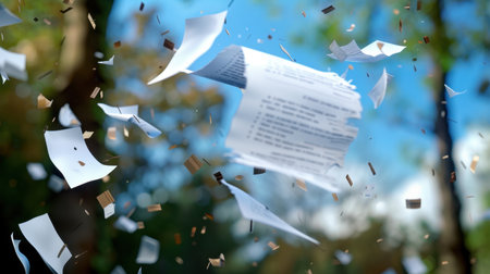An artistic representation of scattered papers floating in mid-air against a vibrant blue sky and lush green trees. This image captures motion and chaos, symbolizing freedom and creativity.の素材