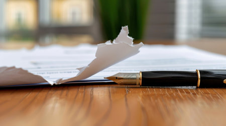 A close-up view of a stylish fountain pen resting on a wooden desk beside a torn document, showcasing elements of modern workspace decor and creativity.の素材
