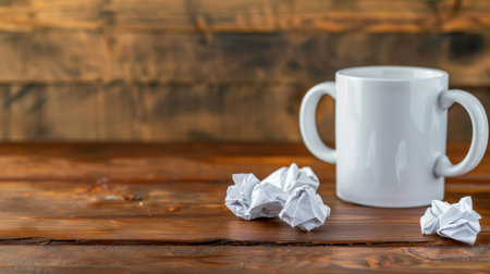 A white coffee mug rests on a rustic wooden table, surrounded by crumpled paper balls, evoking a creative workspace atmosphere perfect for brainstorming ideas.の素材