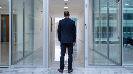 A businessman stands alone in a sleek office hallway, contemplating his next move. The modern design emphasizes solitude and professionalism in the corporate world.の素材