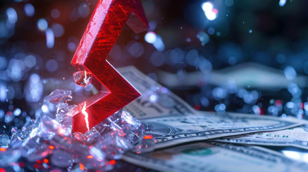 This artistic image depicts a striking red arrow indicating a financial decline, surrounded by crushed dollar bills, creating a dramatic visual effect.の素材