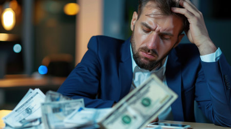 A businessman sits in a dimly lit office, overwhelmed with financial stress while surrounded by crumpled bills, illustrating the burden of economic challenges.の素材