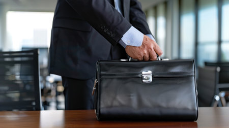 A business professional dressed in a formal suit is seen adjusting a black briefcase on a polished office table, depicting readiness for a meeting.の素材