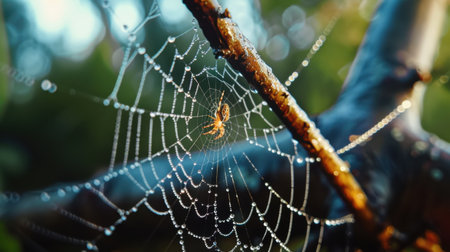 A stunning close-up of a spider web adorned with glistening dew drops, beautifully captured on a branch. The photo showcases nature's intricate details and vibrant colors.の素材