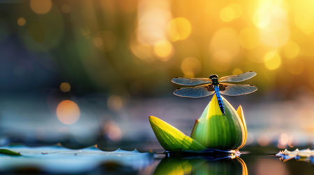 A dragonfly sits gracefully on a vibrant green lily pad in a serene pond, illuminated by soft sunlight and warm bokeh, creating a tranquil atmosphere.の素材