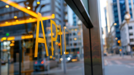 A vibrant urban scene featuring a modern glass building with reflections. The word "April" is displayed on the window, adding a creative touch.の素材