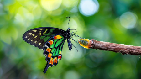 A stunning butterfly just emerging from its chrysalis, showcasing vibrant colors in a lush green environment. Nature's beauty captured in a moment of transformation.の素材