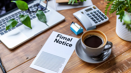 A cozy office workspace showcasing a cup of coffee next to a final notice document, laptop, and potted plants on a wooden desk, enhancing productivity.の素材