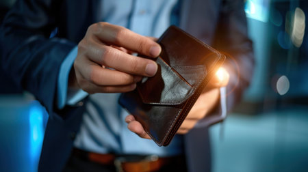 A professional businessman showcases an elegant wallet in a modern office setting, highlighting sophistication and style. The subtle light adds warmth to the scene.の素材