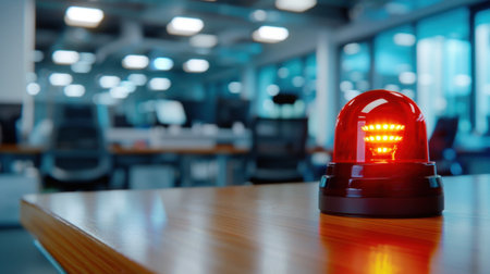 The image showcases a red emergency light placed on a wooden table in a modern office setting. The blurred background features a contemporary workspace, creating a feeling of urgency.の素材