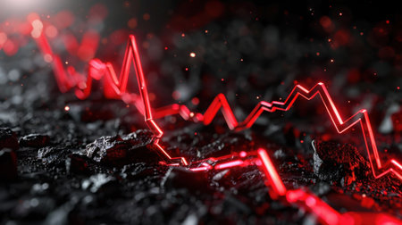 This visually striking image features a vibrant red graph line on a dark surface, symbolizing financial decline and market volatility. The dynamic design captures attention, ideal for finance-related projects.の素材