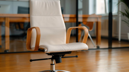 A sleek modern office chair with white leather upholstery and natural wooden arms set in a bright workspace, perfect for enhancing productivity and style.の素材