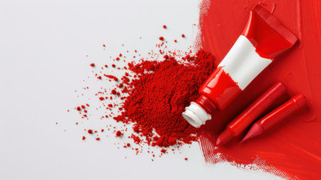 This image showcases vibrant red art supplies, including a paint tube, pigment powder, and markers, set against a clean white background, inviting creativity.の素材