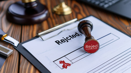 A rejection letter prominently displaying a red stamped impression on paper, surrounded by office supplies and a laptop, capturing a professional workspace.の素材