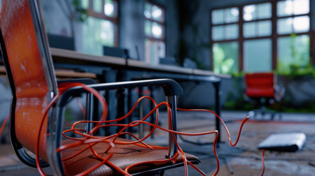 A captivating image of an abandoned office featuring a chair entangled with cables, illuminated by natural light and surrounded by overgrown plants.の素材