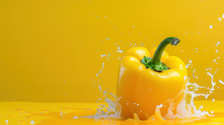 A vibrant yellow bell pepper splashes into clear water against a bright yellow backdrop, showcasing freshness and health. Perfect for culinary themes.の素材