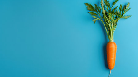 A vibrant orange carrot with green leaves stands out against a bright blue background, capturing the essence of freshness and health in produce photography.の素材