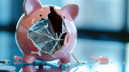 A broken pink piggy bank with glass shards and coins scattered around it symbolizes financial struggles and the importance of savings in life.の素材