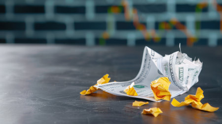 A crumpled US dollar bill lies among scattered yellow origami scraps, set against a colorful textured background, symbolizing financial challenges.の素材