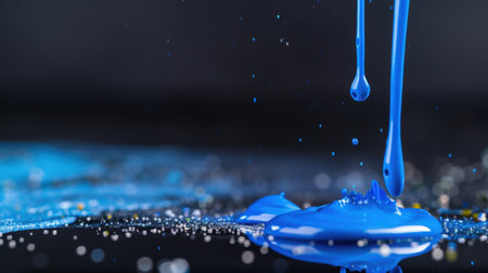 This captivating close-up image showcases vibrant blue paint dripping and forming beautiful patterns on a glossy surface, enhanced by sparkling details.の素材